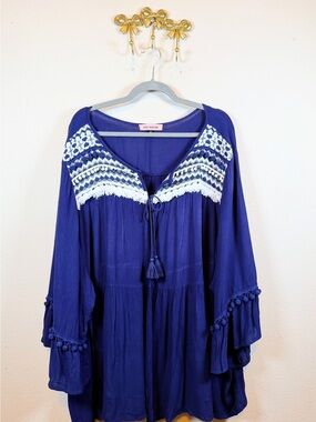 East Adeline Luxe Blue Embroidered Boho Tunic Open Kimono w/Tassel Closure. 4X